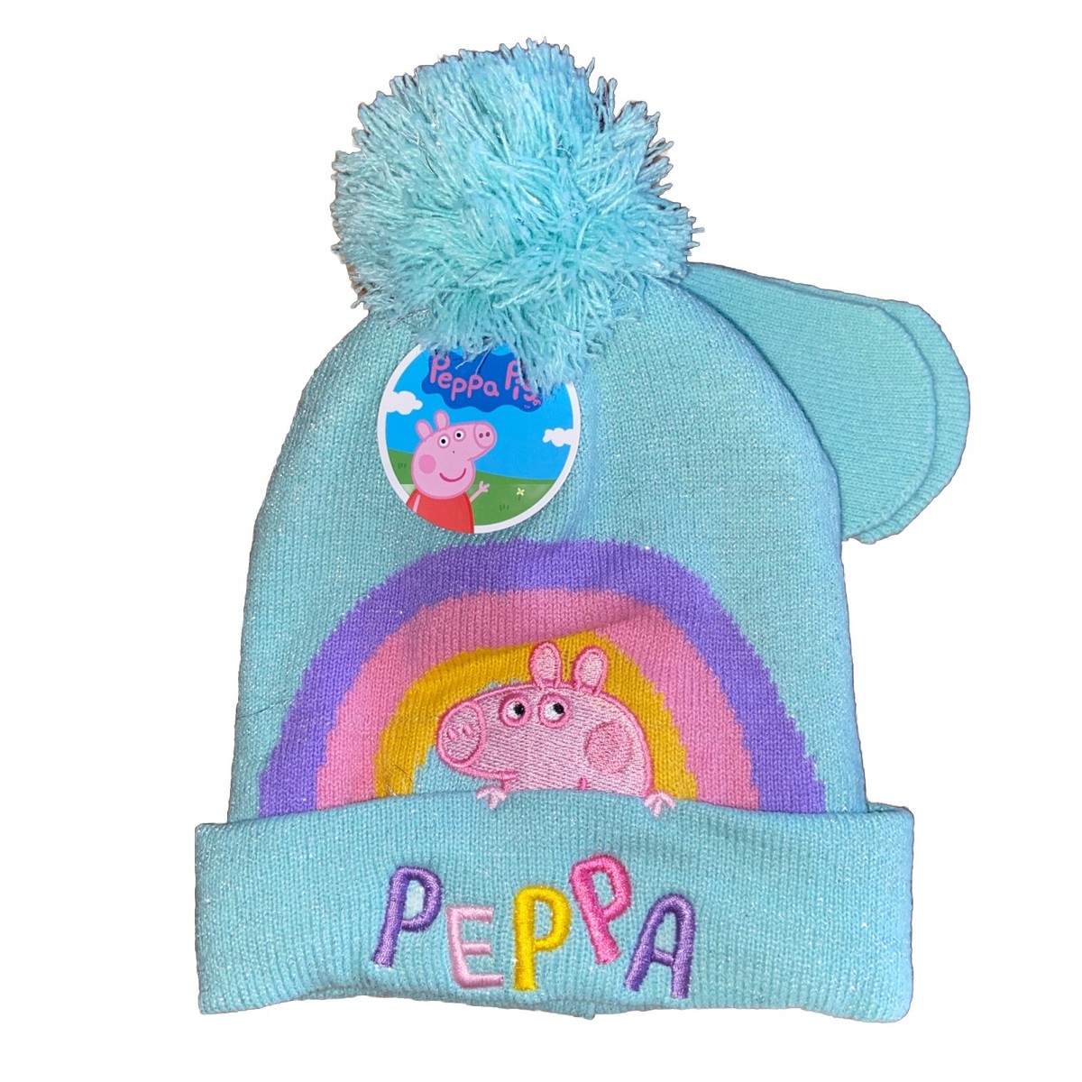 New Peppa Pig Winter Hat and Gloves Set Pom Rainbow One Size Toddler NWT