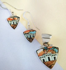Spiny Turquoise Multi Gemstone Pueblo Homes Earrings+ Pendant in Sterling Silver