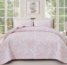 Queen Size Pink Botanical Quilt Set 3pc Bedding Farmhouse Soft Lightweight