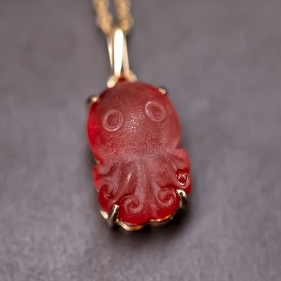 Cute Handcarved Mexican Fire Opal Octopus Pendant ONLY in 18K Yellow Gold