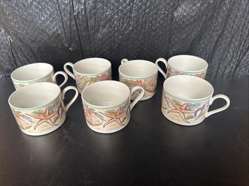 7 1995 Vintage FITZ & FLOYD “SEA SHELLS” Americana Caribbean Omnibus 3 Mugs/Cups