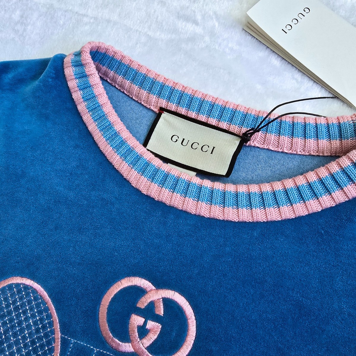 Gucci Tennis Racket Embroidered Velour Sweatsuit Blue | Size XS