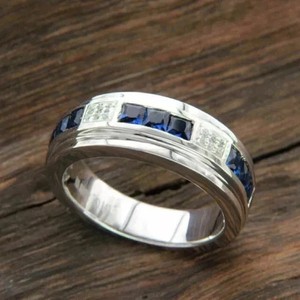 Authentic Men's Band Ring 2.00CT Princess Cut Lab Created Sapphire 14K White Gold Plated