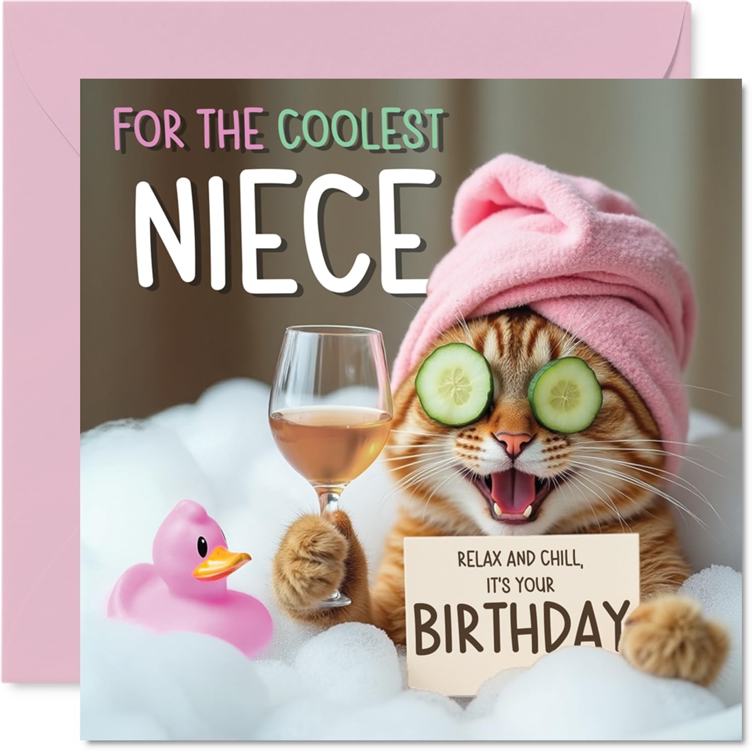 Funny Niece Birthday Card - Relaxing Bath Cat - Cheeky 145mm x 145mm,