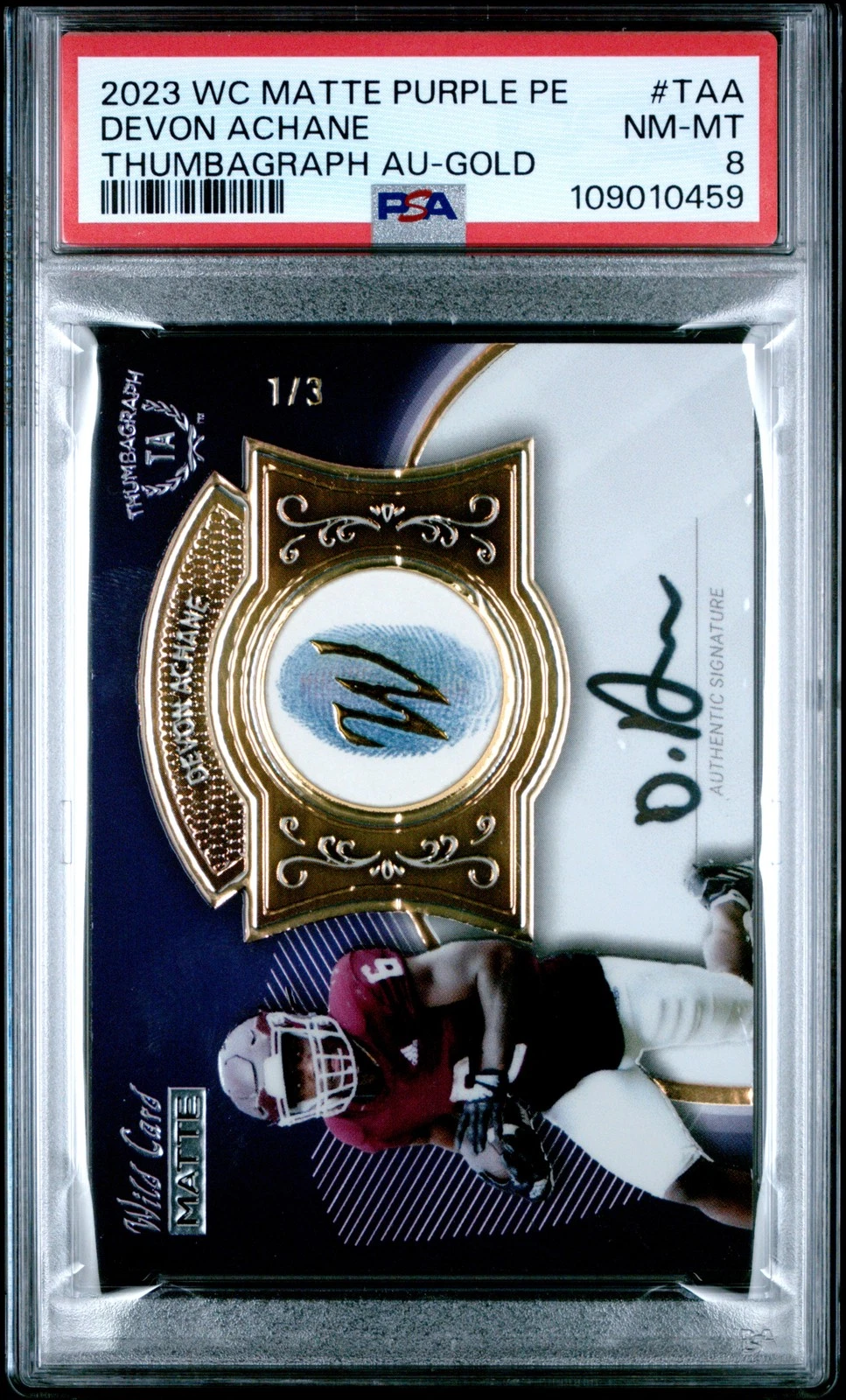 De'Von Achane Wild Card Matte White Premium Edition Thumbagraph Autographs #TAA Purple