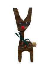VINTAGE HAND CRAVED WOODEN REINDEER RED NOSE GREEN BOW BELL 9.5" TALL EUC
