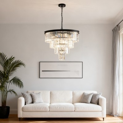 Black Modern 24'' Crystal Chandelier Luxury 4-Tier Pendant Light Ceiling Fixture