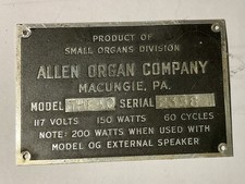 Allen Organ Co. 150w Machine Plate/Tag