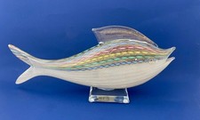Large Murano Hand Blown Ribbon Glass Fish Figurine on Stand Multicolor Gold 12"