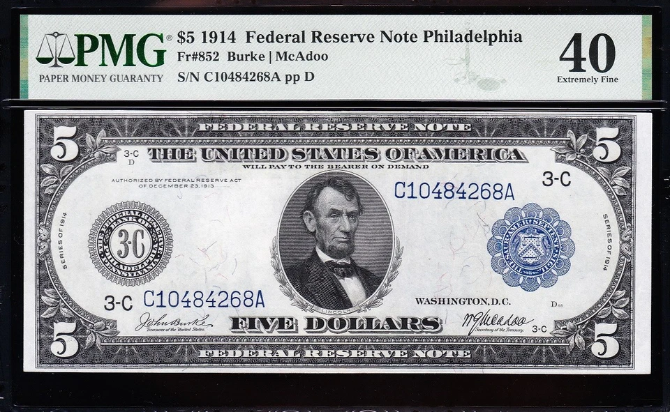 AWESOME Crisp HIGH GRADE 1914 $5 PHILADELPHIA FRN Note! PMG 40! FREE SHIP! 84268 - Image 2 of 3
