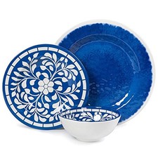 Melamine Dinnerware Set - 12 Pcs Dinner Dishes Set for 4, Plates and Bowls Blue