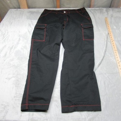 True Religion Baggy Pants Mens 36x31 Black Rain Wind Red Stitch Relax Cargo