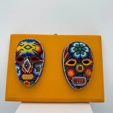 Huichol Mexican Folk Art Hand Crafted Beaded 4” Masks Set of 2-Mounted to Hang