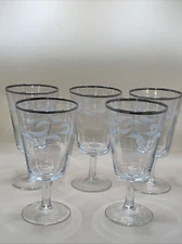 5 Vintage France Crystal Stemware Goblet Wine Glasses Silver Rim, Ivy Pattern