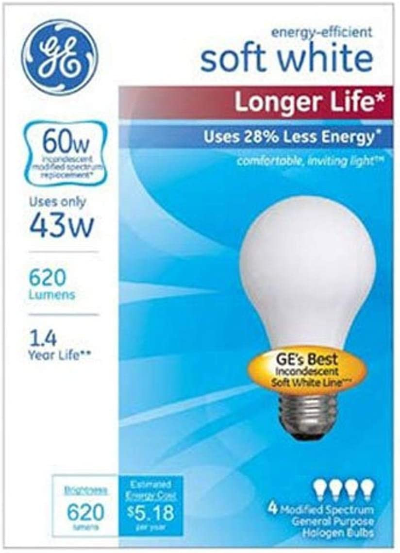 Lighting A19 Incandescent Halon Light Bulbs, 43-Watt, Soft White Finish