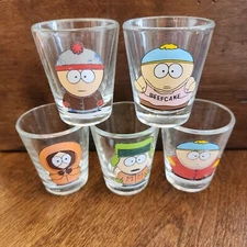 5 SOUTH PARK 2" Shot Glasses Cartman Kenny Stan Kyle Comedy Central 1998 Set Lot