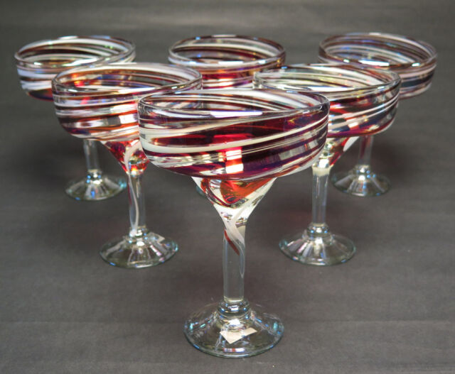 Martini Glasses Red Swirl 14 Oz Set of 4 Hand Blown