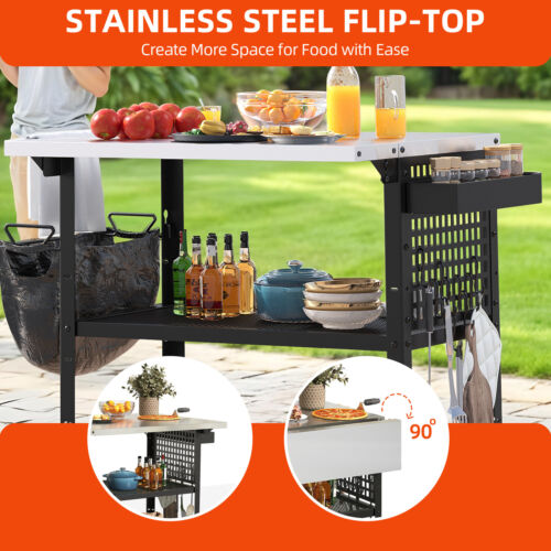Outdoor Kitchen Cart Stainless Steel Grill Tables Flip Top 3-Tier Storage Shelf - Picture 5 of 11