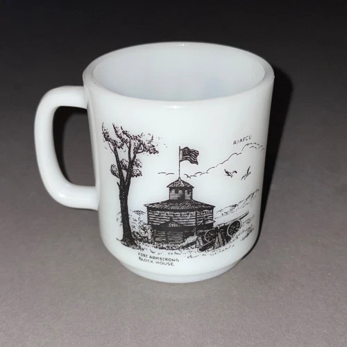 Vintage GLASBAKE MILK GLASS MUG Rock Island Arsenal Fort Armstrong Illinois Iowa