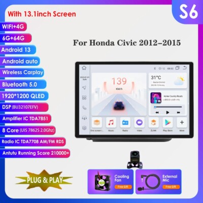 For Honda Civic 2012-2015 Android 13.1'' Car Stereo Radio CarPlay GPS Player 64G