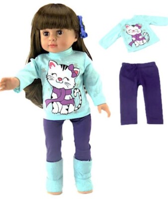 Kitty Cat Top and Purple Pants Set Clothes for 18 inch Girl Dolls