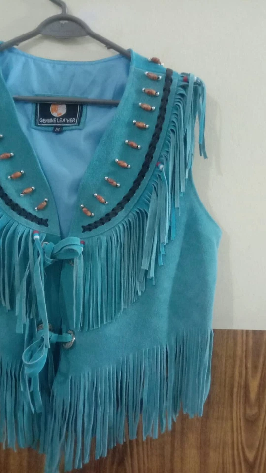 Chaleco Hecho a Mano Turquesa Gamuza Cuero Flecos Chaleco Western Boho Con Cuentas Foto 4 de 4