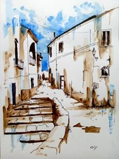 Watercolor hand painted signed   "Toscana" Modern art on cardboard 20x30 cm