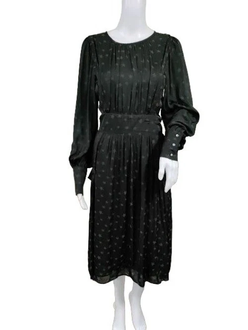 Max Studio Vintage Whimsy Goth Star Pattern Puff Sleeves Pleated Midi Dress M - Image 2 of 4