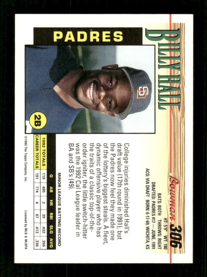 1993 Bowman #306 Billy Hall EX Excellent RC Rookie Padres BXCP22 - Image 2 of 2