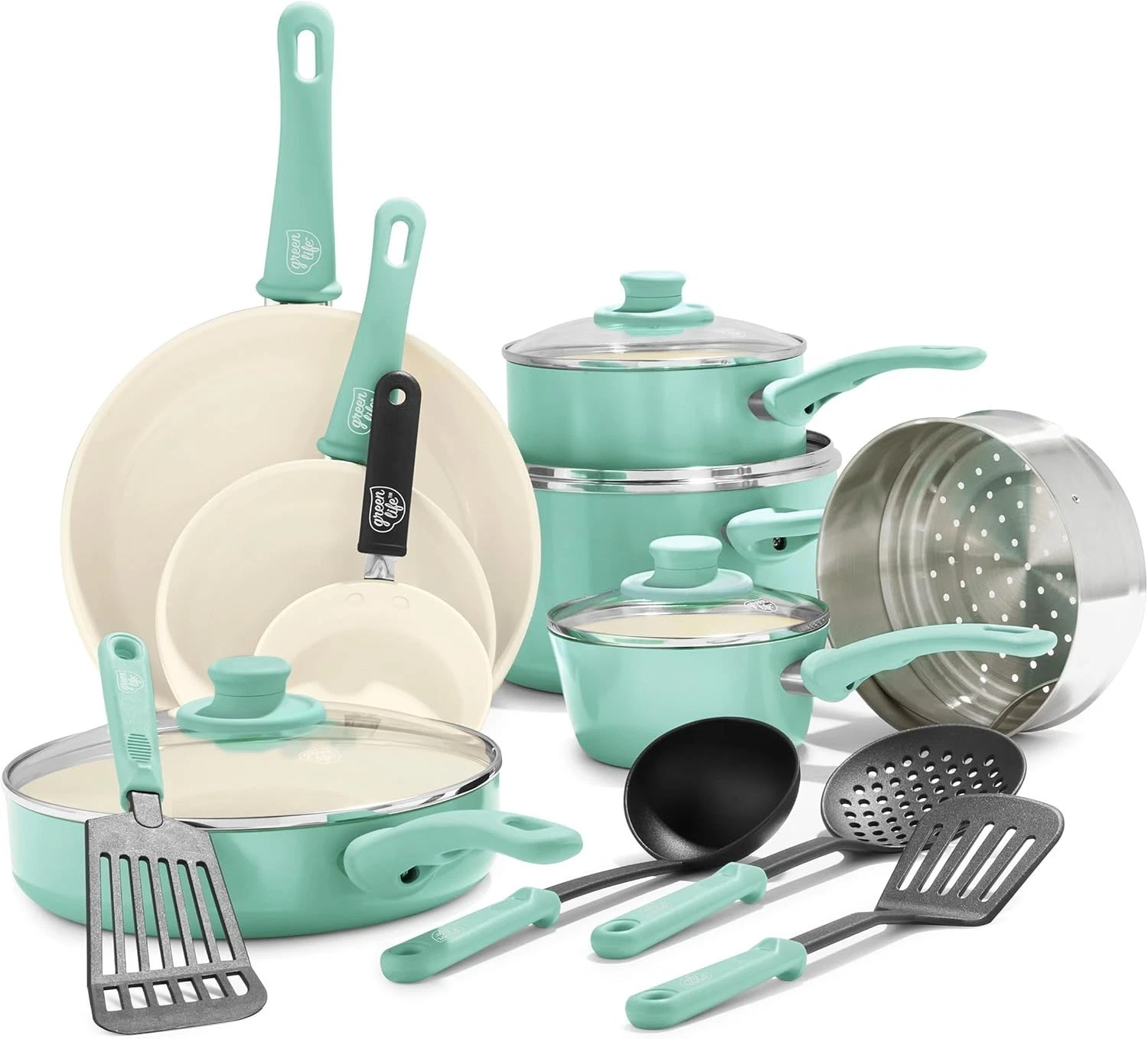 Soft Grip 16 Piece Cookware Set Non-Toxic PFAS-Free Ceramic Nonstick Pots Frying