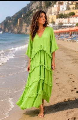 NT By Amati Italian Green Linen Blend Ruffles Tunic Dress OS Fringed NWT #AA