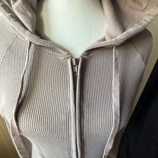 Muted Taupe Waffle Knit Thermal Zip Up Hoodie Jacket Medium Cozy Lounge Y2K