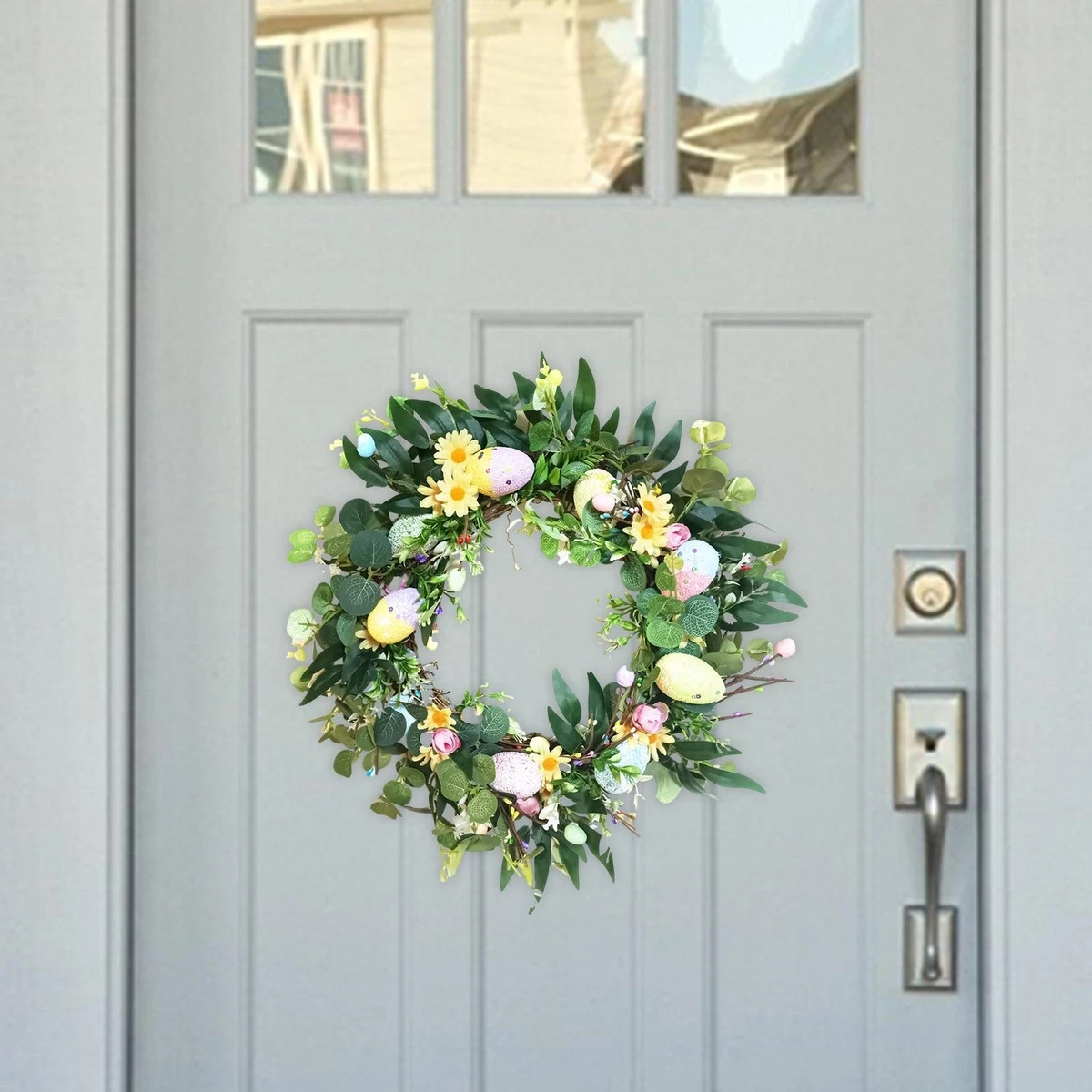 Ghirlanda per porta di Pasqua, Ghirlanda primaverile con uova | Ghirlanda primaverile artificiale con fiori Corona pasquale,Ghirlanda per porta della fattoria Margherite Decorazioni pasquali per la ca