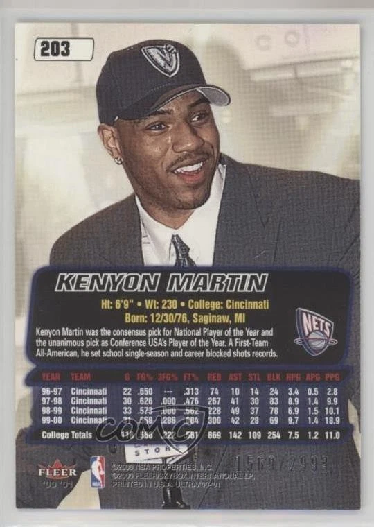 2000-01 Fleer Ultra Rookie /2999 Kenyon Martin #203 Rookie RC - Image 2 of 2