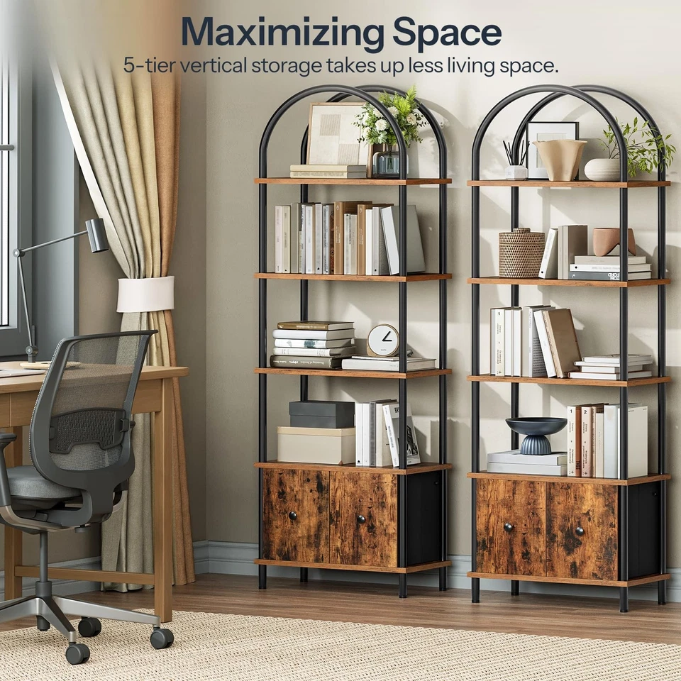 5-Tier Bookshelf, Arched Bookcase with 2 Drawers, Tall Industrial Style Displ... - Image 2 of 4