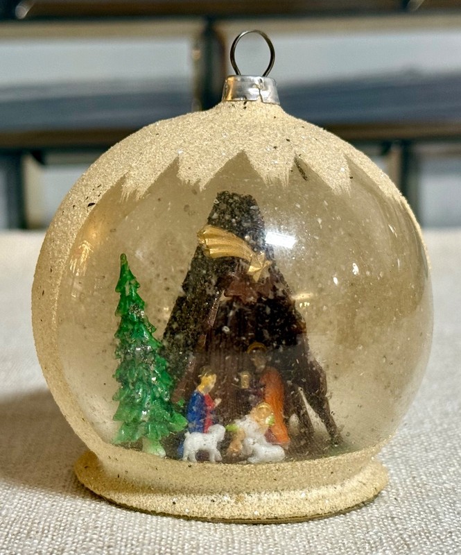 Vintage West Germany Glass Diorama Nativity Ornament Mica Snow 3”