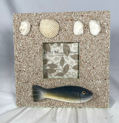 Fishing Picture Frame with Shells & Sand - 3x3 Nautical Fish Desktop