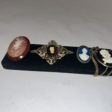 Vintage Cameo Lot Of 4 Brooch Pin Necklace Lot - Resin Shell Plastic Mixed