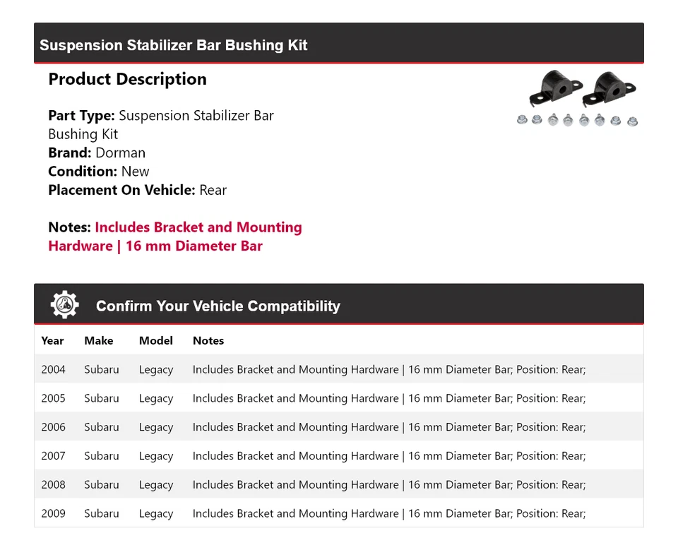 Kit de buje de barra estabilizadora de suspensión trasera para Subaru Legacy Dorman 2004-2009 Foto 2 de 4