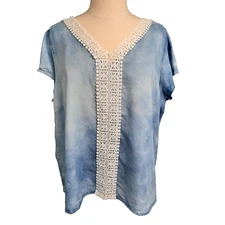 Signature Studio Chambray Top 2X Crochet Lace Tie Back Tencel Boho Coastal Beach