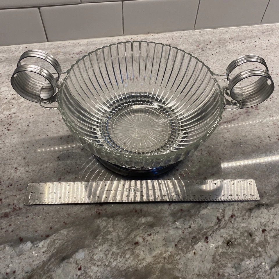 Art Deco Large Chrome And Glass Serving Bowl 12” Across - Image 2 of 4