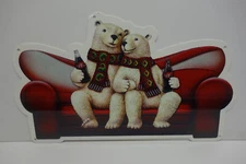 COCA COLA POLAR BEARS WITH SCARVES ON COUCH DIE CUT STEEL ENAMEL SIGN 10"HX 17"W