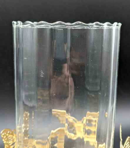 2 Piece Brass Butterfly Candle Holder w/Ribbed Glass Shade - 7" Tall - Picture 2 of 6