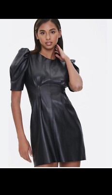 NWT Zara Black Leather Puff Sleeves Mini Dress Stretch Size Medium 4387/234  | eBay
