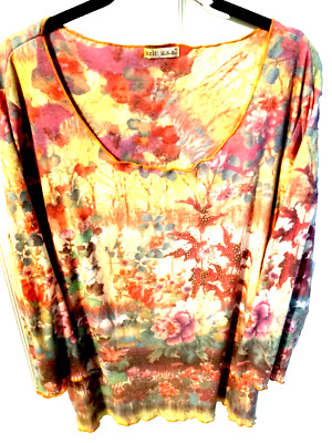 Artsy Flowers Gold Tone Studs Scoop Neck 3/4 Sleeve Plus 1X Vtg Women Tee Top