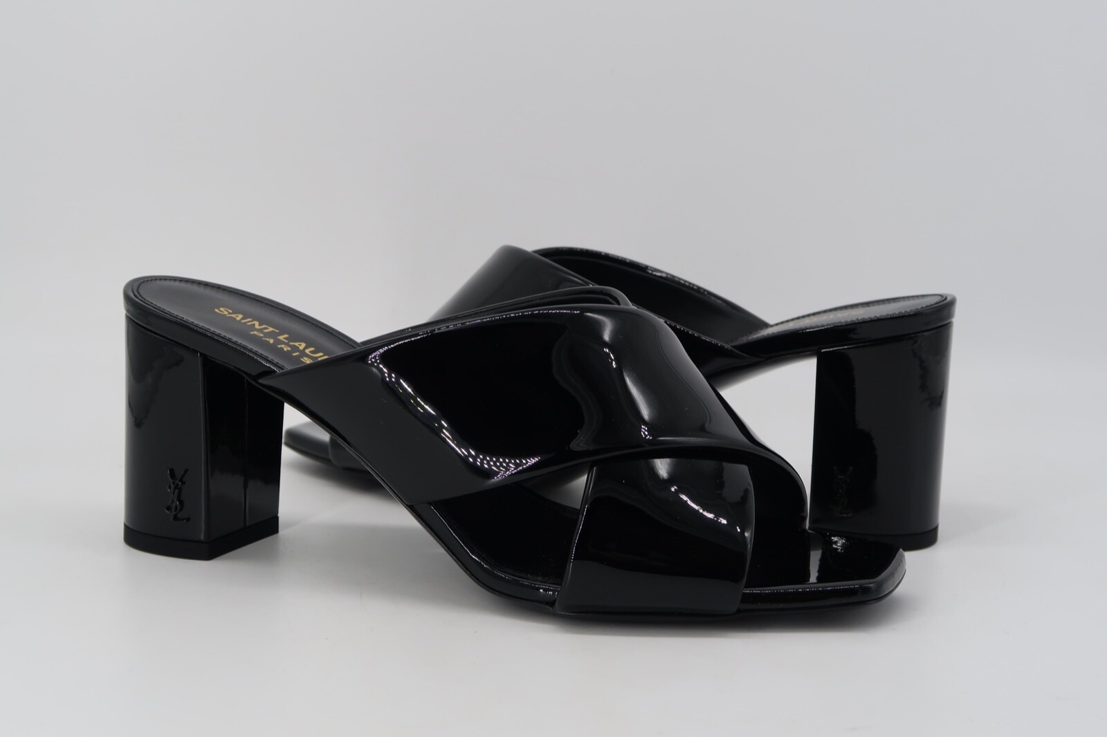 SANDALI SAINT LAURENT LOULOU 70 MULE VERNICE PELLE NERA TACCO MEDIO NUOVI $695