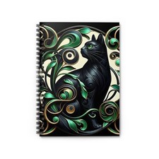 Spiral Notebook Ruled Line 3D Art Nouveau Black Cat Green Style Design 4, Gift