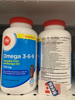 AiWaWa CA, OMEGA 3-6-9 FLAXSEED FISH AND BORAGE OIL 1200mg 200 SOFTGELS