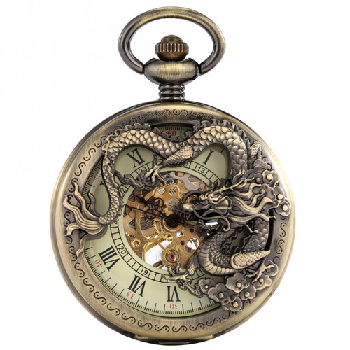 Mens Vintage Pocket Watch Dragon Hand Wind Mechanical with Pendant Chain Gifts - Picture 3 of 9