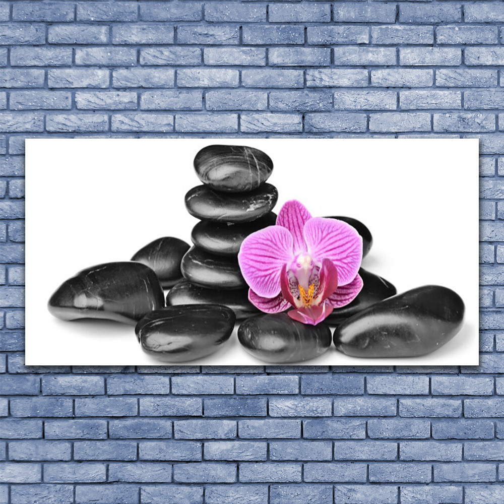 Tableau d'art sous verre acrylique 140x70 motif zen fleurs et galets haut de gamme